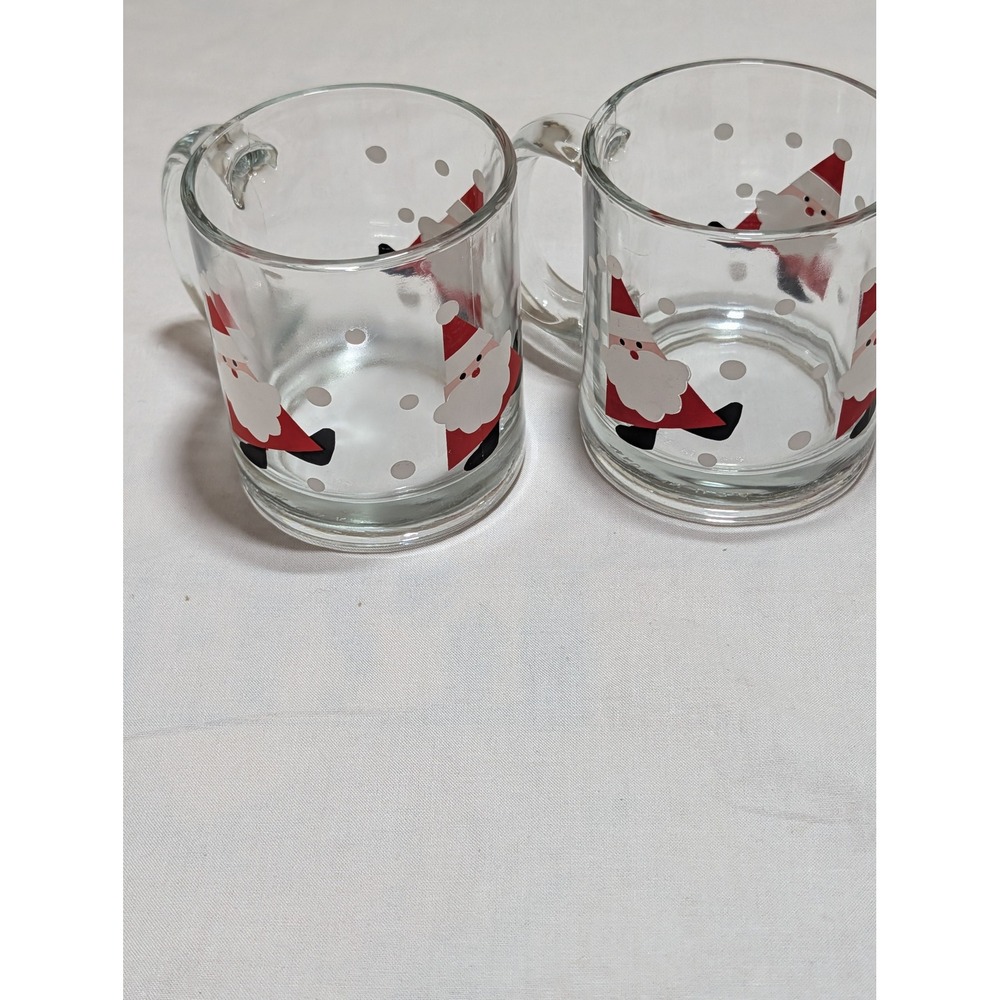 Vintage Christmas Santa Claus Glass Mugs Set of 2 Holiday Polka Dot Clear Cups